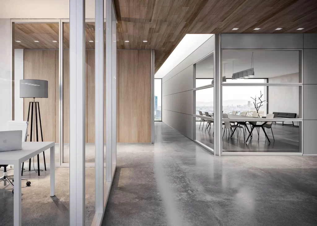 ureditev moderne pisarne s polnimi in steklenimi predelnimi stenami